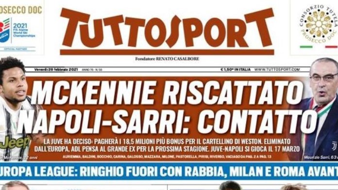 Prima Pagina Tuttosport 26 febbraio