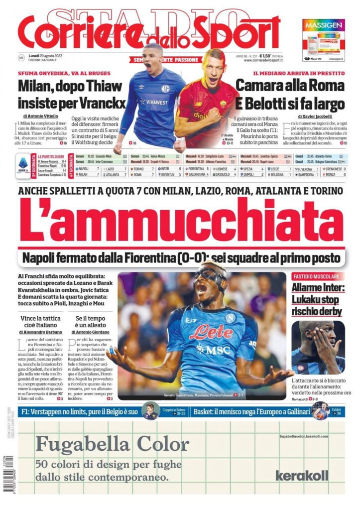 corriere dello sport prima pagina 29 agosto 22